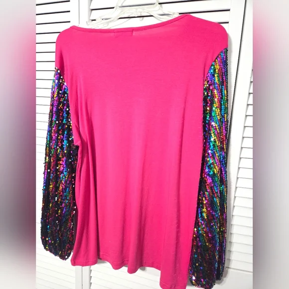 Fuchsia Top with Multicolor Sequin Sleeves - Picture 2 of 6